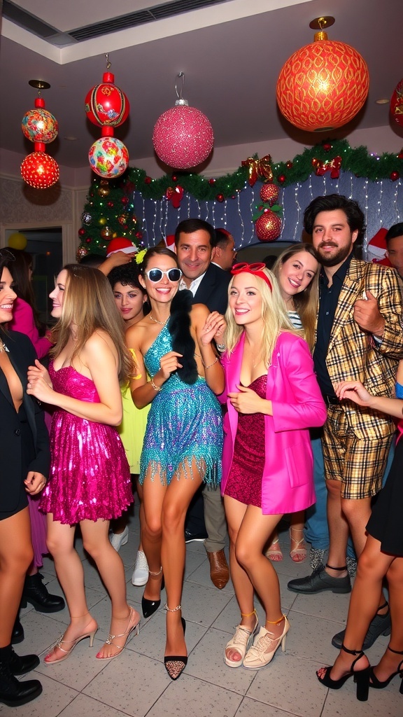 Guests at an 80s themed Christmas party wearing colorful outfits and enjoying the festive atmosphere.